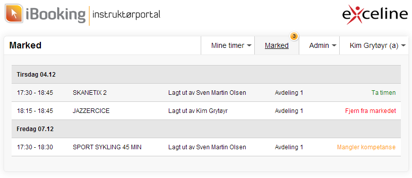 Nå kan man holde markøren over instruktørnavnet i menyen og velge «Min Kompetanse». Da kommer alle klassetyper opp med en liten avkryssingsboks til venstre.