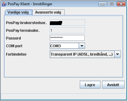 Sjekk så i Pospay-klienten Start opp Pospay-innstillingene fra Skrivebordet eller fra Start-menyen: Start -> Alle programmer -> Pospay klient -> Pospay instillinger Endre COM port til det du fant i