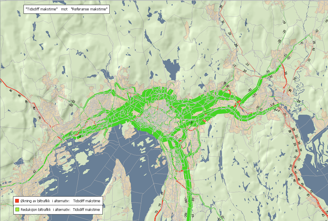 22 Figur 8 Relativ endring i trafikk mot referanse, makstime. Oslo by. Figur 9 Relativ endring i trafikk mot referanse, makstime. Oslo-området.