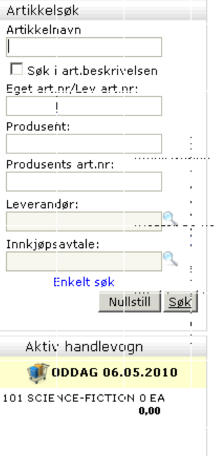 Søke etter artikler For å begynne å handle, trykker du på fanen Handle i hovedmenyen. Du finner da Artikkelsøk til venstre i bildet. Enkelt søk kan gjøres i dette bildet.