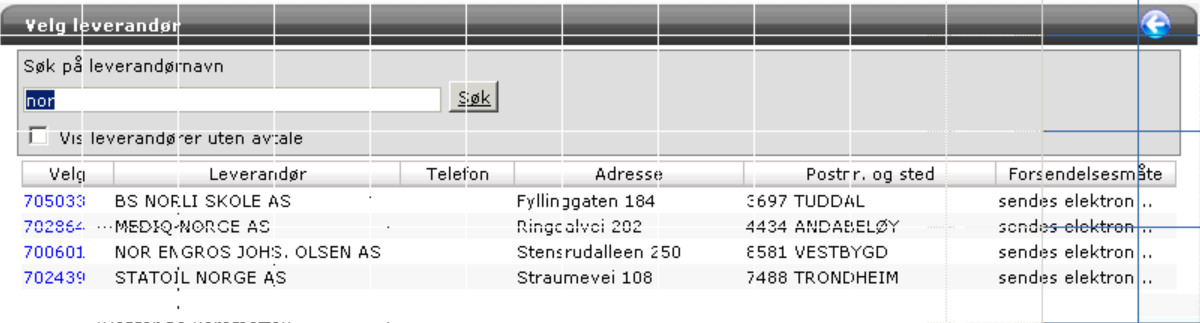 Vis leverandørdetaljer Ved å klikke på leverandørnavnet, vises detaljer om leverandøren. Denne informasjonen er tilgjengelig fra flere steder i løsningen der leverandørnavnet fremkommer.