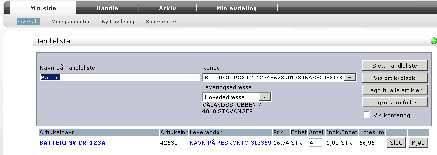 Fra denne siden kan du endre navnet på handlelisten. Du kan også endre mellom privat og felles handleliste.