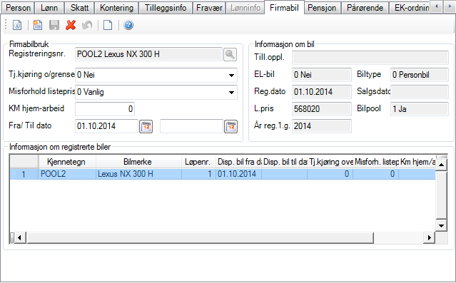 Registrere firmabil på en ansatt 1. Start Person Ajourhold Personopplysninger Firmabil. 2. Klikk Opprette Ny. 3. Skriv inn Registreringsnr. 4.