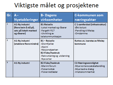 I folkemøte 3. juni ble et forslag til ny målstruktur presentert. I gruppeoppgaven ble de bedt om å prioritere det viktigste målet innenfor innsatsområdene A,B og C.