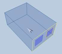 Refleksjonsfaktorer: Golv = 0,2 Vegger = 0,5 Tak = 0,7 Ingen utvendig avskjerming Veggtykkelse 50 cm Rommet kan representere en typisk kombinert stue/kjøkken i en bolig, eller et kontorareal i et