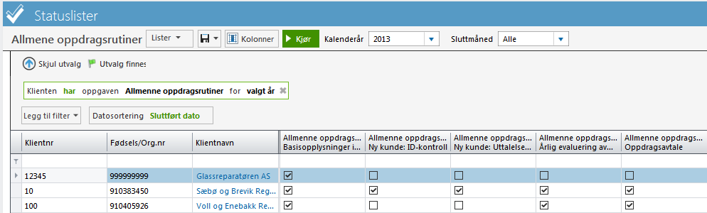 Følg opp dine oppdrag: Du kan følge opp klienter som f.eks. har oppgave Årsavslutning og stenge kontrollpunktene ved å huke i ruten. Høyreklikk ved huken om du vil gjøre et notat til kontrollpunktet.