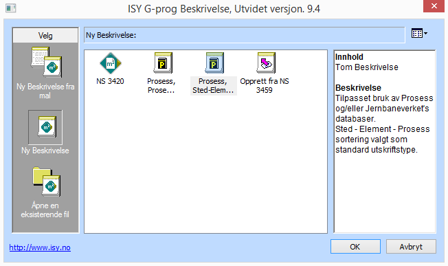 Opprette en ny beskrivelse Ny beskrivelse fra mal Start programmet eller hvis du allerede har gjort det bruk knappen Ny Beskrivelse som vist under: Nå får du flere valg muligheter: Velger du Ny
