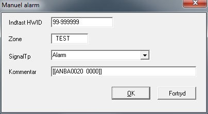 OPSÆTNING 29 Trin 7 - Test SIA/CID Konverteringen Næste skridt er at teste om SIA/CID Konverteringen fungerer korrekt. Det gør man ved at generere en manuel Alarm i form af en speciel SIA/CID syntaks.