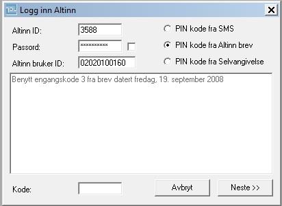 store ruta). Bildet skal ha forhånds utfylt ut Altinn ID, passord og Altinn bruker ID (fra Faste opplysninger/systemdata).