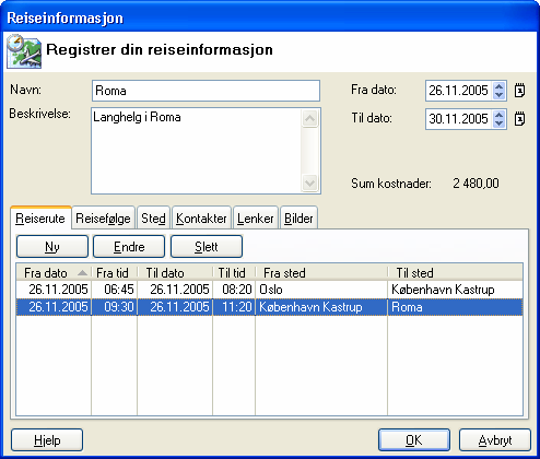 Reise og fritid I Reise og fritid kan du registrere alle dine reiser og få oversikt over reiseruter med detaljer om hoteller, restauranter, aktiviteter og kostnader.