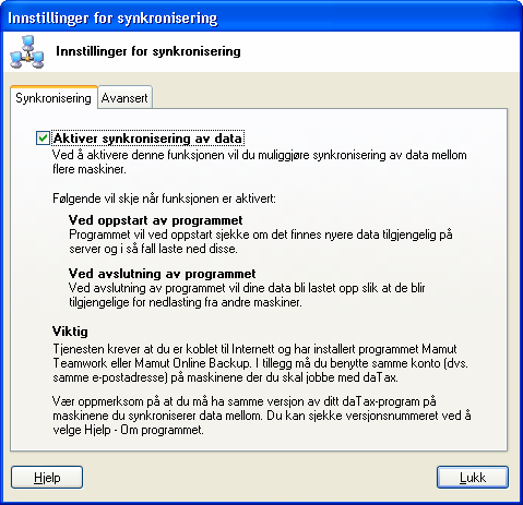 Synkronisering av data Ved hjelp av programmet Mamut Teamwork (eller Mamut Online Backup) samt to lisenser på Mamut Home, åpner muligheten seg for å kunne jobbe på to ulike maskiner.