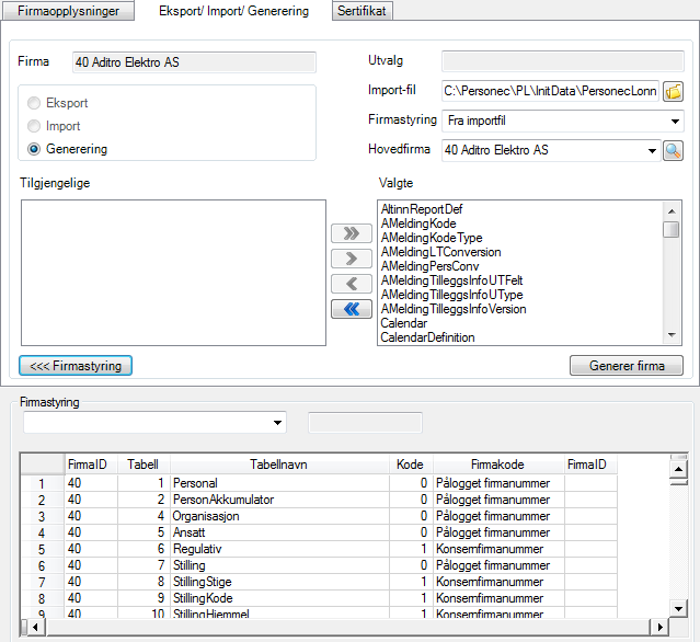 I og med at dette er et nytt firma (dvs. det finnes ikke data i tabell FirmaIDStyring for dette firma), får man kun mulighet for Generering. Velg import-fil: <fellesområde>\initdata\personeclonndata.