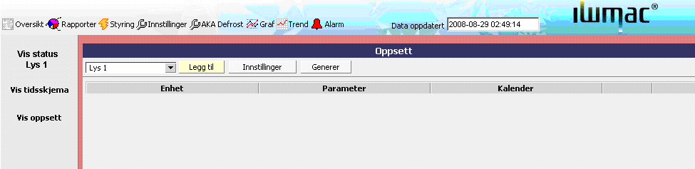 9 Styringsmodul for automatikk. Styringsmodulen er for deg som ønsker å styre automatikk via IWMAC, styringsmodulen lar deg styre f.eks. avriming, lys, varme, gardiner, ventilasjon o.l. Her kan du velge om du vil styre manuelt, eller ved hjelp av en kalender eller maksvokter som legger ut lastene når strømforbruket har nådd en grense.