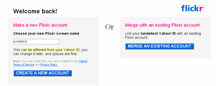Nå kan du lage et eget «screen name» for Flickr. Systemet foreslår det samme som «Yahoo!