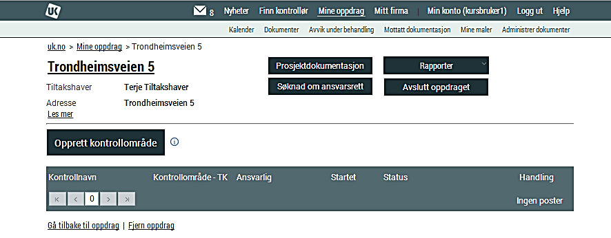 Kalender viser oversikt over kontroll på byggeplass og når avvik skal lukkes Avvik under behandling viser status på avvik og når de skal lukkes Mottatt dokumentasjon, viser sist mottatt dok fra