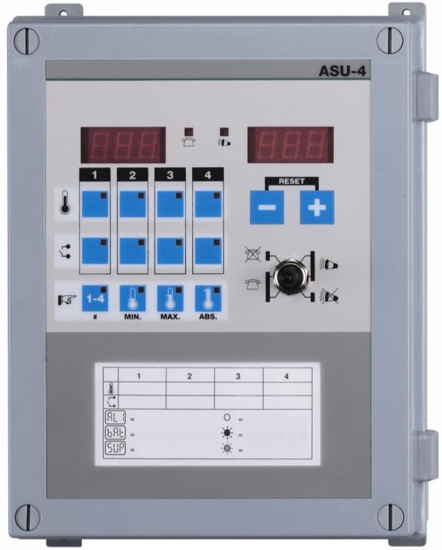 ASU-4 alarmsystem Tekniske data: Strømtilførsel Strømforbruk Dimensjoner Materiale Vekt IP-klasse Omgivelsestemperatur Monteringsmiljø 230Vac 50/60Hz 15 VA H xb X D = 300 x 230 x 120 mm (inkludert