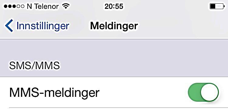 1. Oppsett for å sende MMS 1. Slå på MMS-meldinger. (Via Innstillinger- Meldinger) 2.