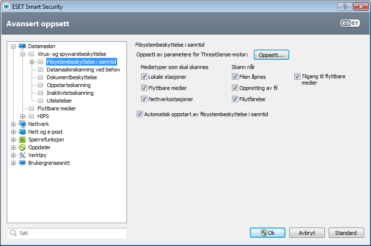 Som standard startes sanntidsbeskyttelse av filsystemet samtidig med systemet for å sikre kontinuerlig skanning.