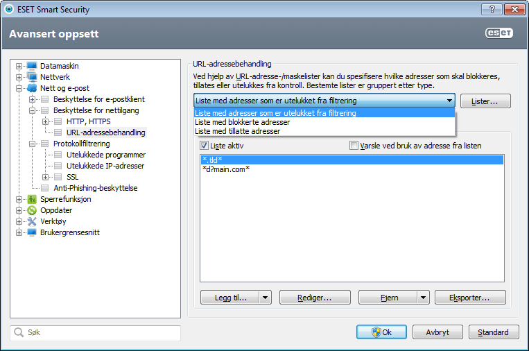 4.3.2.1.1 Aktiv modus for nettlesere ESET Smart Security har også undermenyen Aktiv modus, som definerer kontrollmodusen for nettlesere.