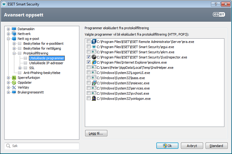 4.3.3.2 Utelukkede programmer Du kan utelukke kommunikasjon for spesifikke nettverksfølsomme programmer fra innholdsfiltrering, ved å velge dem i listen.
