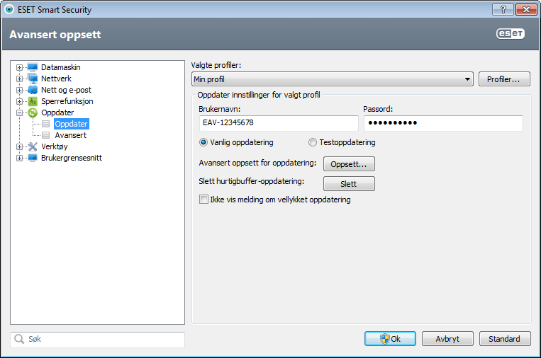 4.5.1 Oppsett for oppdatering Alternativer for oppdateringsoppsett er tilgjengelige fra treet Avansert oppsett (F5) ved å klikke Oppdater > Oppdater.