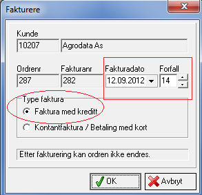 Når varen er valgt vil programmet automatisk hente fram varebeskrivelse, prosjekt, enhet, pris og evt. rabatt. Hvis ønskelig kan disse opplysningene endres, f.eks. pris og rabatt %.