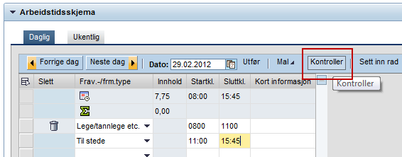 Fremmøtetyper hentes i nedtrekksmenyen i kolonnen Frav.-/frm.type. Du legger inn Startkl. og Sluttkl.