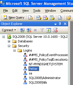 Hvis du heller vil ha en Windows-uavhengig login velger du SQL Server authentication. Hvis det ikke tillates må du først i SQL Server Management studio: Høyreklikk på server og velg Properties.