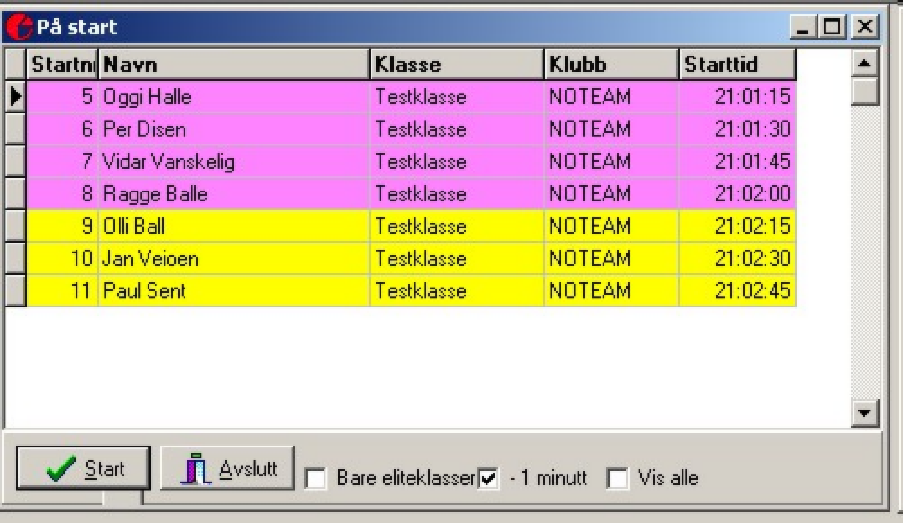 På start På start er et eget skjermbilde som viser hvem som står på startstreken.