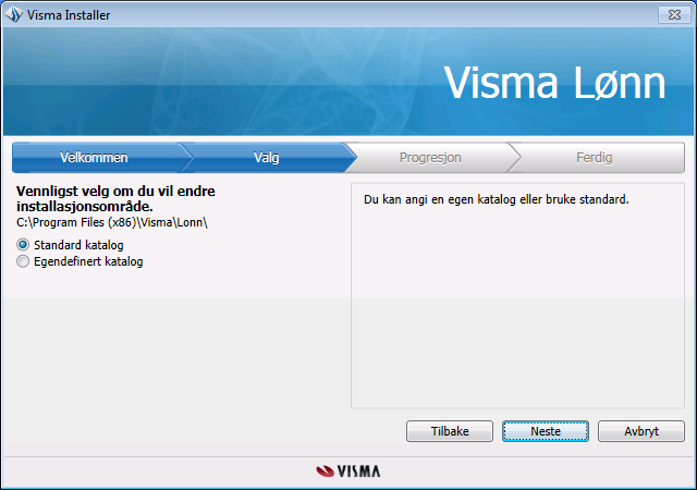 Installasjonens neste bilde ser slik ut: 2. Velg standard eller egendefinert installasjonsområde, og klikk Neste-knappen.