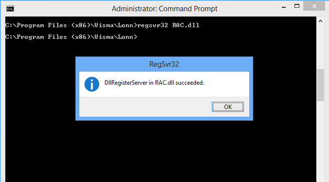 2. Registrer RAC.dll som ligger på program-katalogen til Visma Lønn. Når man står i katalogen hvor Visma Lønn er installert, skriv: regsvr32 RAC.dll 3.
