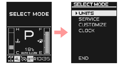 MID SELECT MODE Unit, maintenance distance, customize setting and clock (only for a vehicle