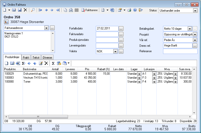 Mamut Business Software Opprette en ordre Nå kan du fakturere i ditt Mamut-system. En faktura baserer seg på en ordre.