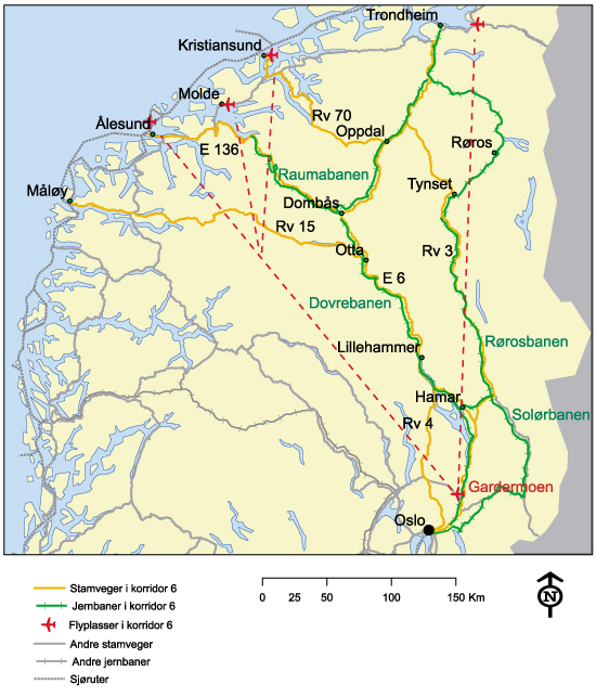 FORSLAG TIL NASJONAL TRANSPORTPLAN 2006-2015 Figur 13.9 Korridor 6 viktigste vegsambandet til omverdenen. Eksportindustrien i fylkene Møre og Romsdal og Sogn og Fjordane har et betydelig omfang.