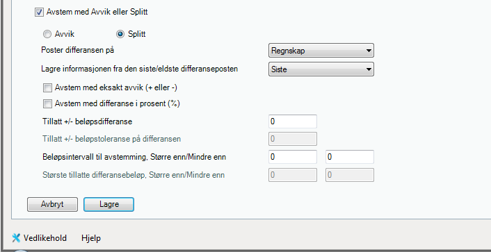 Avstem med Avvik eller Splitt Velg merk boksen Avstem med Avvik eller Splitt lenger ned på bildet for å aktivere funksjonen for automatisk avstemming med Avvik eller Splitt.