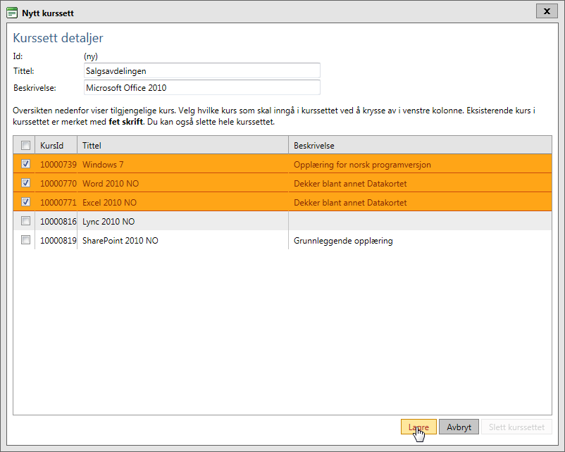 Registrere kurssett Et kurssett kan bestå av ett eller flere kurs. For å registrere et nytt kurssett klikker du på knappen Nytt kurssett, se Figur Ø.