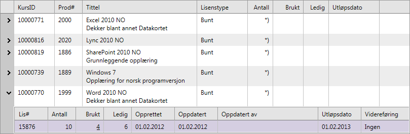 Lisensstatus Lenken Lisensstatus viser hvilke kurs bedriften har lisenser for. Hver gang du kjøper inn lisenser via nettbutikken, legges disse inn som lisenstypen Bunt.