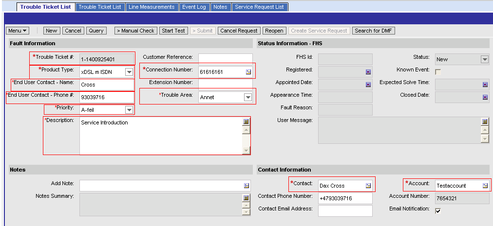 Jara VDSL Trouble Tickets 2/9 Følgende felt er påkrevet når du oppretter en ny Trouble Ticket for et VDSL abonnement: