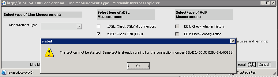Diverse feilrettinger Restriksjoner mot kjøring av xdsl målinger Når en bruker starter en ny måling av en xdsl forbindelse, vil det bli kjørt en validering på om det allerede ligger inne en aktiv