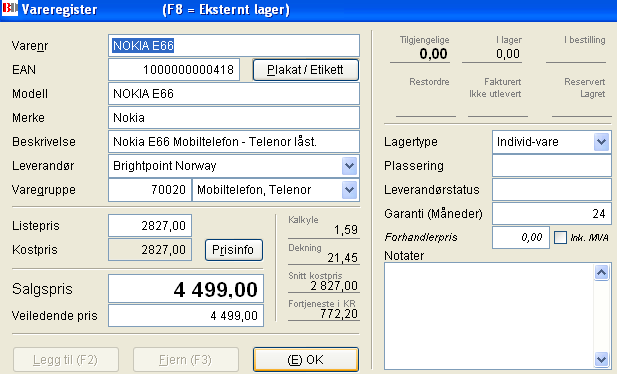 Mobiltelefoner For enkelthetsskyld, anbefales det at man oppretter egne varegrupper for telefoner fra forskjellige leverandører. Dette kan gjøres i MAB Administrasjon Andre registre Varegrupper.