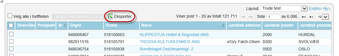 Legg til prospekt fra trefflisten Eksport Fra trefflisten finner du et eksport icon som gjør at du kan eksportere foretakene i trefflisten. Eksporten har en begrensning på 8 000 foretak pr gang.