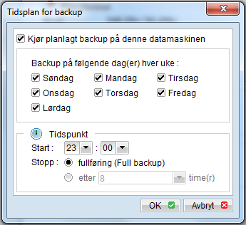 9) Innstillinger: Tidsplan for backup Når du trykker på knappen for tidsplan kommer du til følgende bilde: Her kan du velge når automatisk backup skal kjøres.