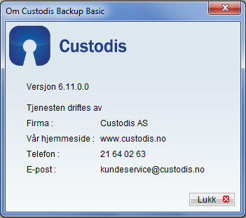 11) Innstillinger: Om Custodis Backup Basic Trykk på knappen for om