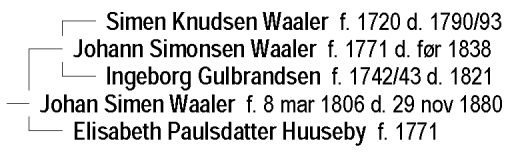 Hans foreldre var murmester og høker Johan Simensen Johan Simens aner Waaler (1771-før 1838) og hustru Elisabeth Paulsdatter Huuseby (1771-etter 1838).