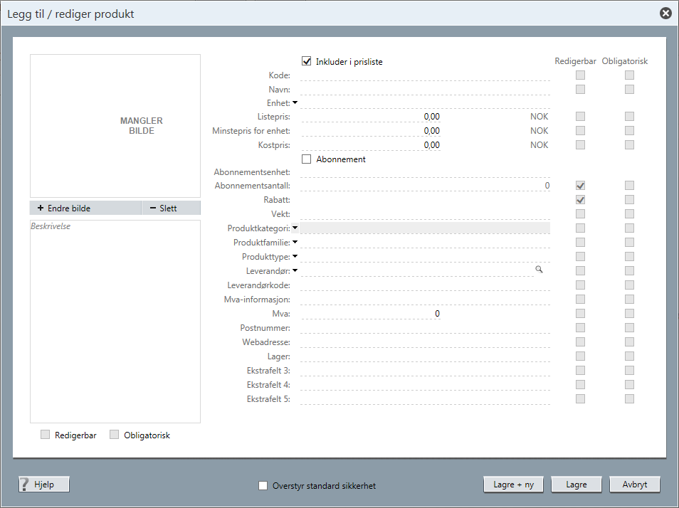 2. Klikk på Legg til nederst i fanen. Dialogboksen Legg til / rediger produkt vises. 3. Angi en beskrivelse av produktet i feltet nederst til venstre. 4.