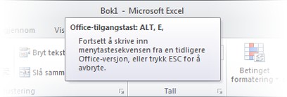 Innføring i tastetips Virker tastatursnarveier fortsatt? Excel 2010 har snarveier for båndet, som kalles for tastetips, så du kan raskt utføre oppgaver uten å bruke musen.