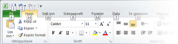 CTRL+C kopierer for eksempel merkede data til utklippstavlen, CTRL+S åpner fortsatt dialogboksen Lagre som, ALT+F11 åpner fortsatt VBAredigeringsprogrammet (Microsoft Visual Basic for Applications)