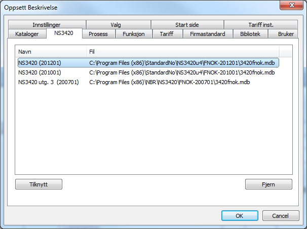 Tilknyttede NS-databaser Trykk på knappen i database-oppslagsvinduet og velg NS 3420-fliken.