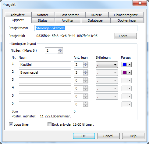 Prosjektoppsett Kontoplan layout Normalt har kontoplan strukturen to nivåer (Kapittel og Bygningsdel). Enkelte prosjekt har behov for en annen inndeling.