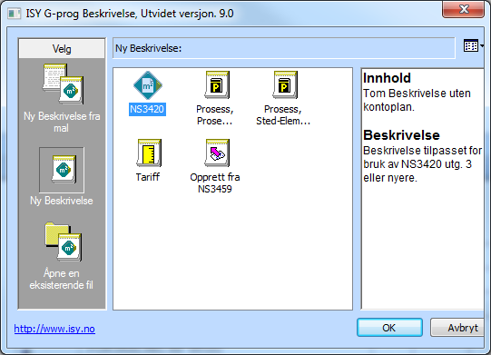 Opprette en ny beskrivelse Ny beskrivelse fra mal Start programmet eller hvis du allerede har gjort det bruk knappen Ny Beskrivelse som vist under: Nå får du flere valg muligheter: Velger du Ny